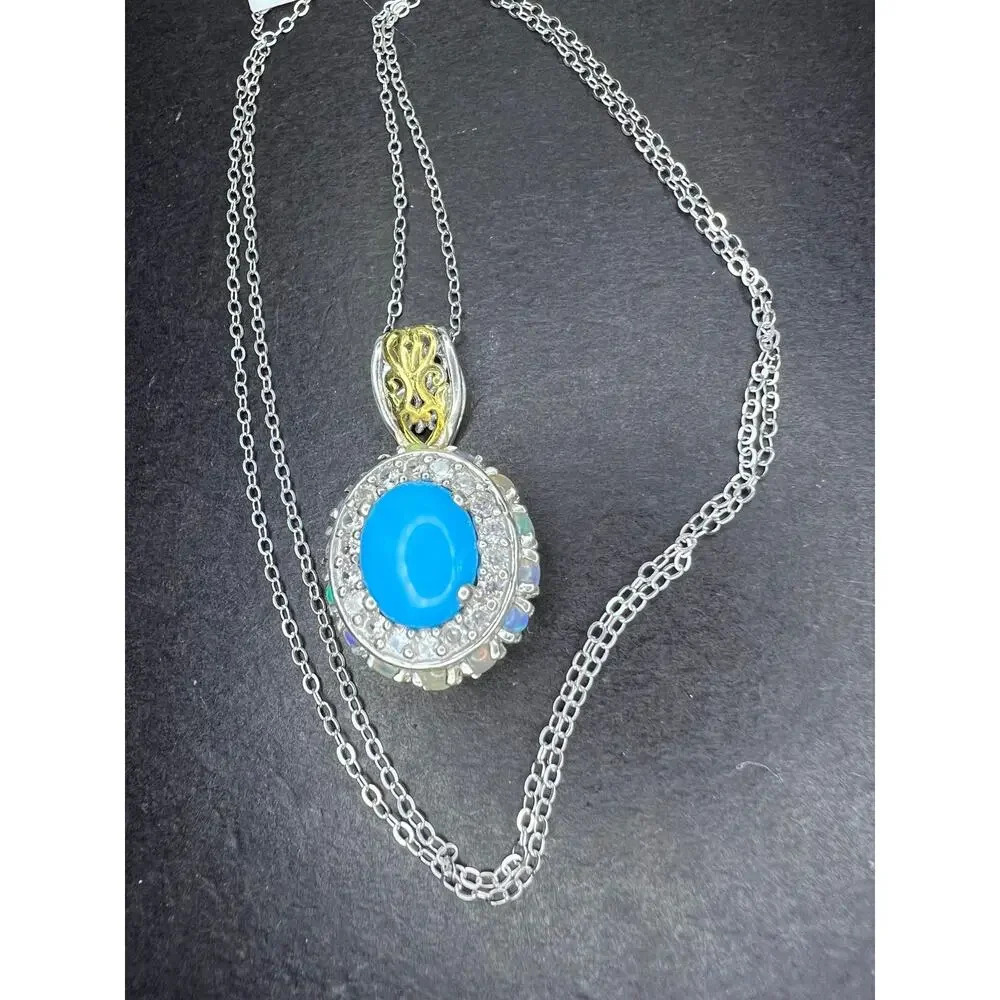 New Opal and turquoise halo pendant and chain necklace - Picture 6 of 11